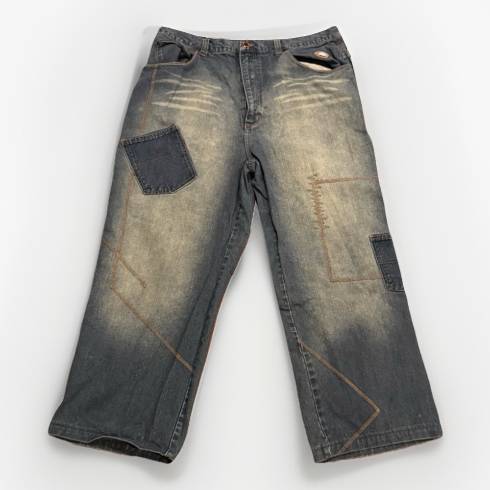 Vintage Y2K Raw Blue Jeans Embroidery 40 Skate Baggy Wide Leg Jesse Pinkman JNCO